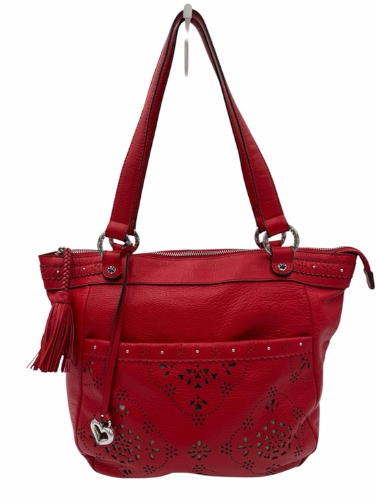 Brighton Handbags - Brighton Red Leather Cutwork Tote Shoulder Bag Heart Charm Tassel Studded